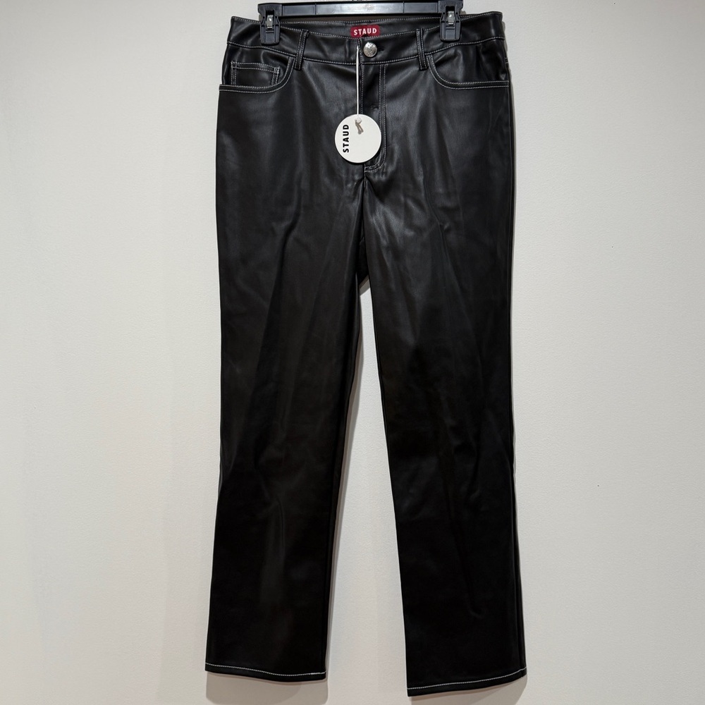 NWT STAUD Elliot Vegan Leather Straight-Leg Pants Sz 10 Black Fall Staple Timele